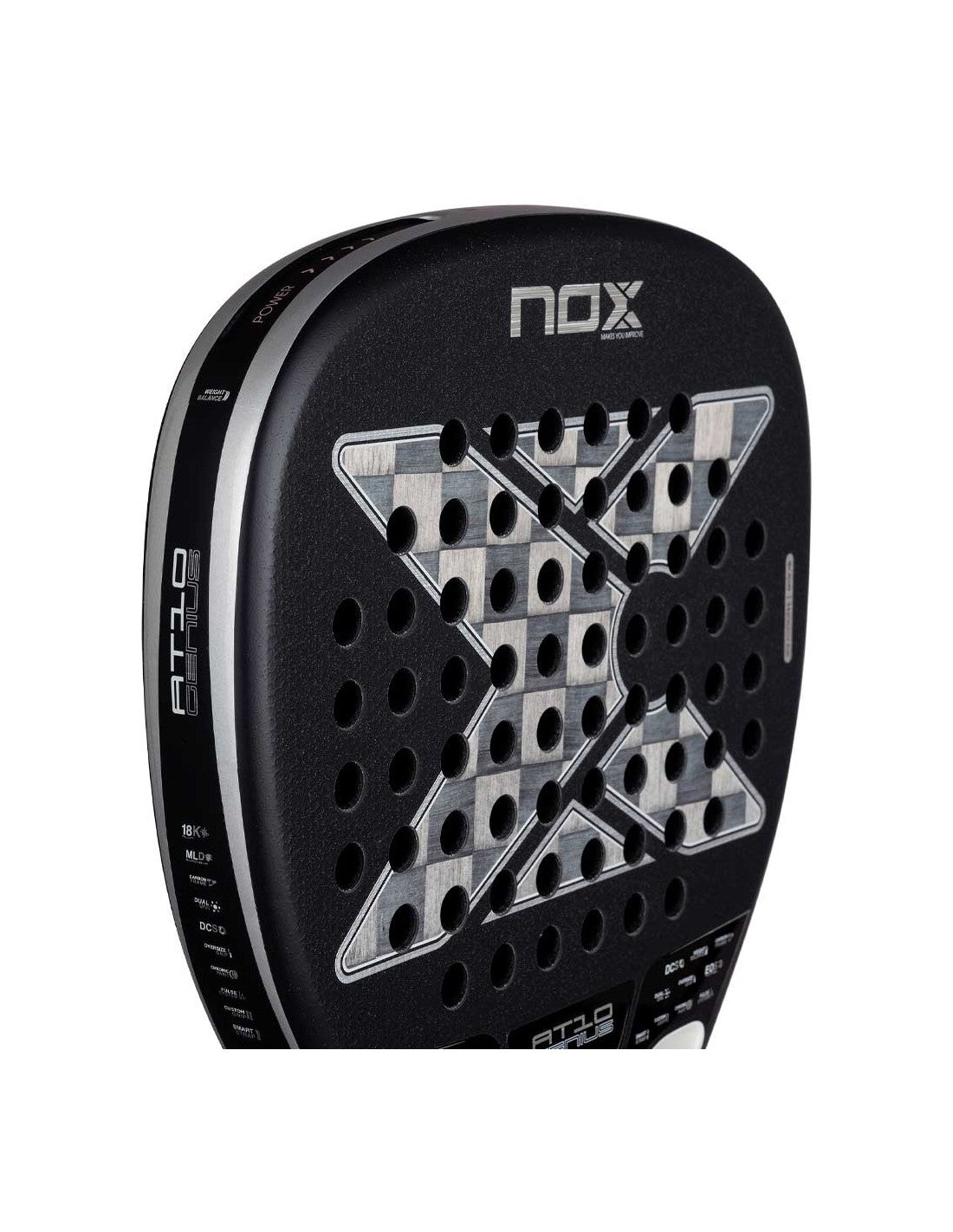 Close-up bladstructuur 18K aluminised carbon Nox AT10 Genius Attack 2026