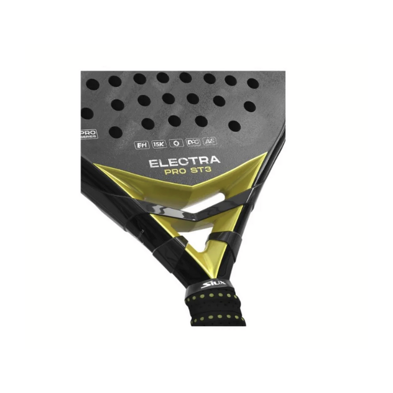 Detail van het blad van de Siux Electra Pro ST3 2024 met 15K Carbon en grof korrelprofiel voor maximale grip op de bal