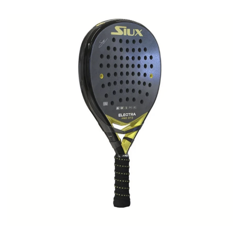 Close-up van de Siux Electra Pro ST3 2024 – professioneel padelracket met grof korrelprofiel voor extra spin en precisie.